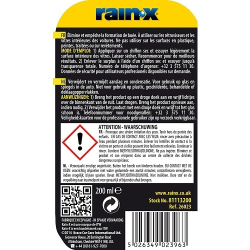 Flacon RAIN X Anti Buée 200ML